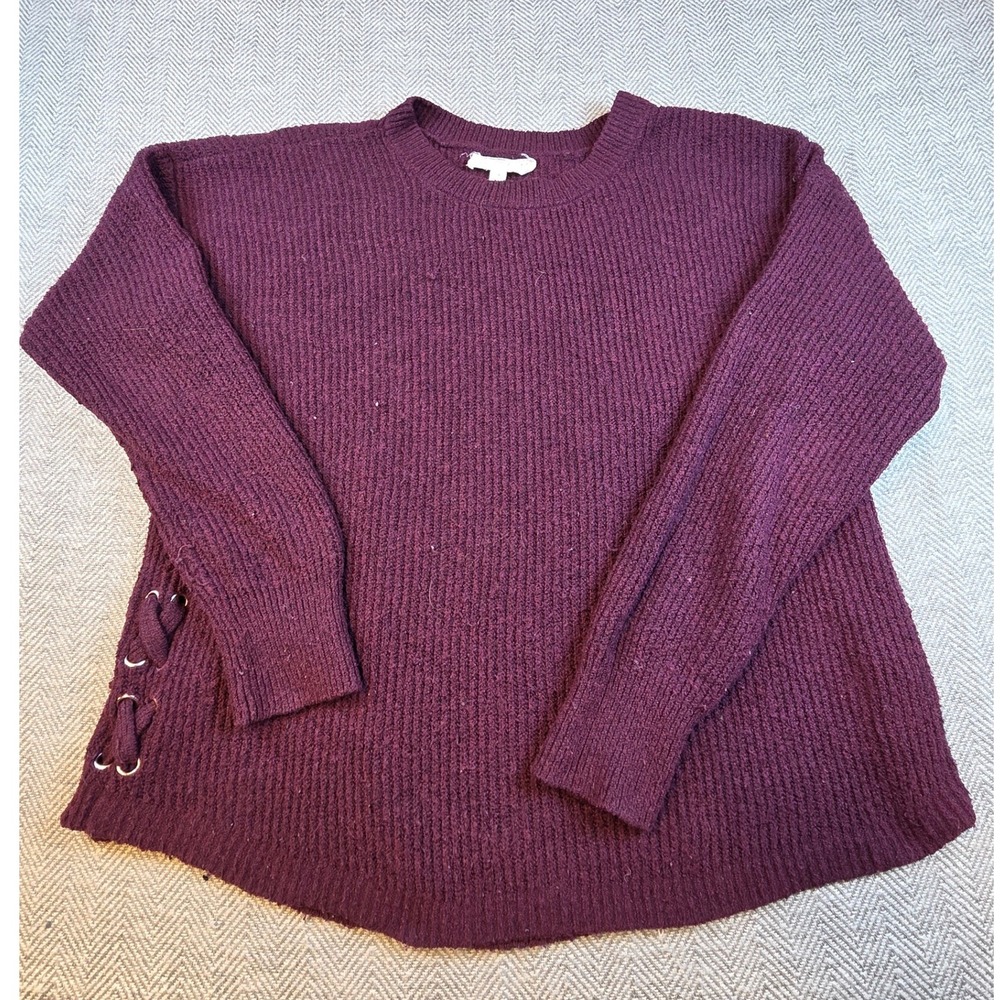 Pink Republic Womens Burgundy Ribbed Lace Up Side Pullover Sweater Large Magma